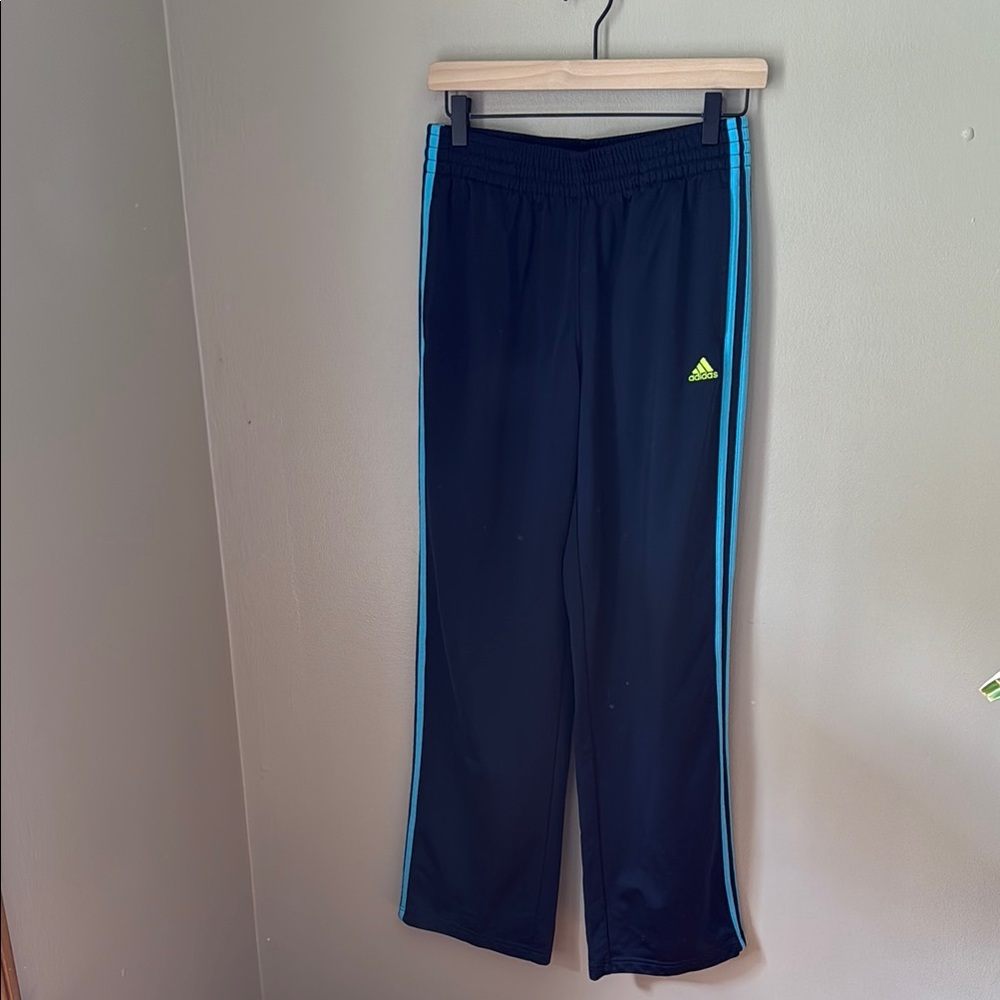 Adidas Women's Black Joggers with Blue Stripes and Green Logo